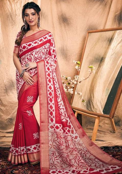 Blue Printed Chanderi Saree Set