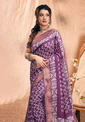Blue Printed Chanderi Saree Set
