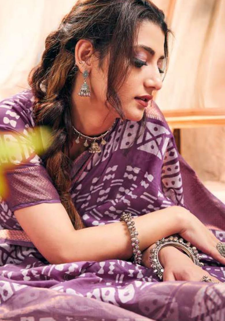 Blue Printed Chanderi Saree Set - Indya