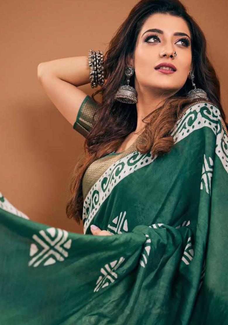 Green Printed Chanderi Saree Set - Indya