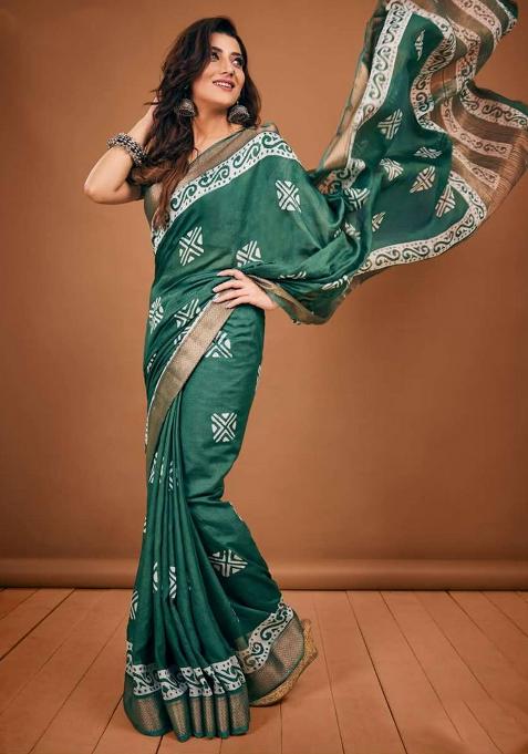 Green Printed Chanderi Saree Set — view on Indya