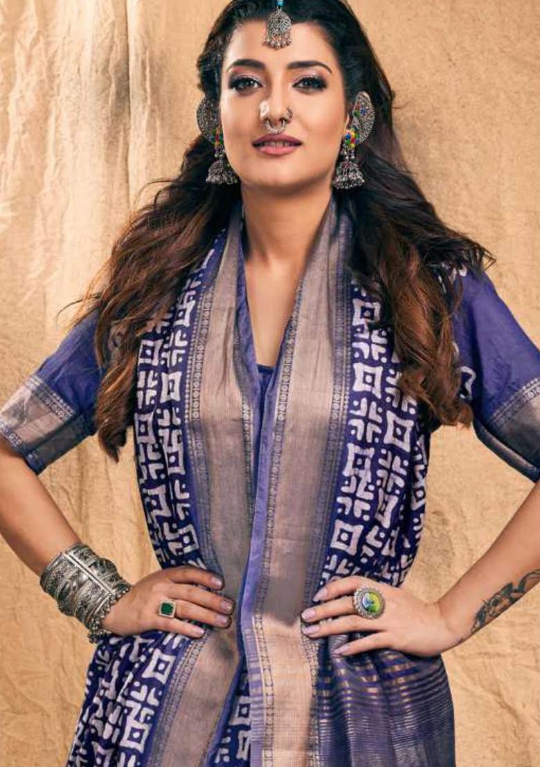 Blue Printed Chanderi Saree Set - Indya