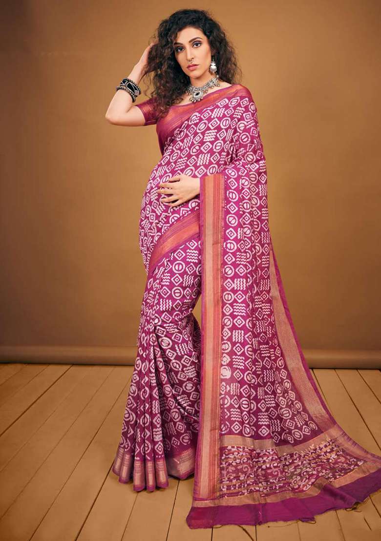 Rani Pink Printed Chanderi Saree Set for Diwali and Festive Wear - Indya