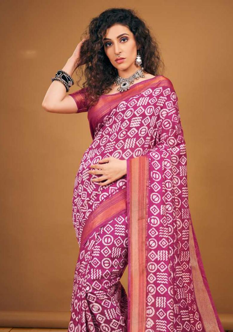 Rani Pink Printed Chanderi Saree Set - Indya