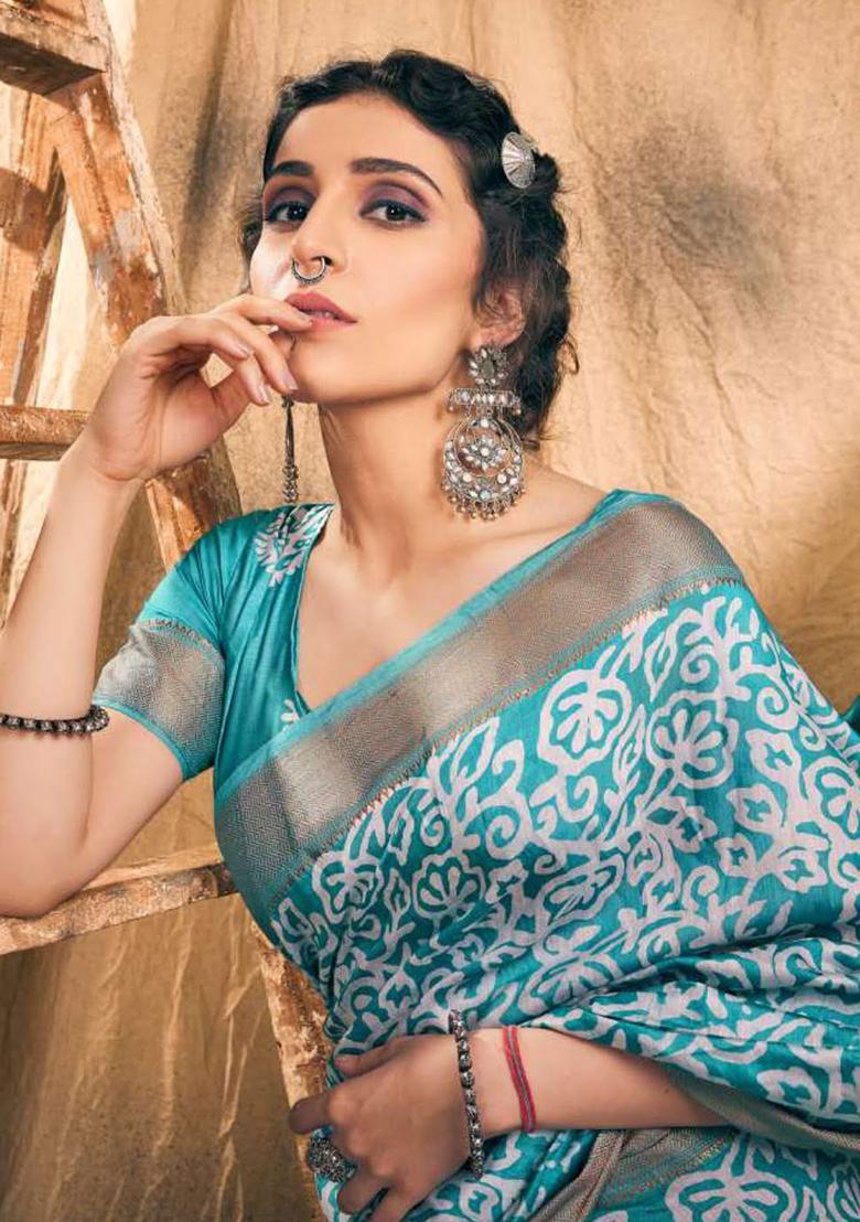 Rama Blue Printed Chanderi Saree Set - Indya