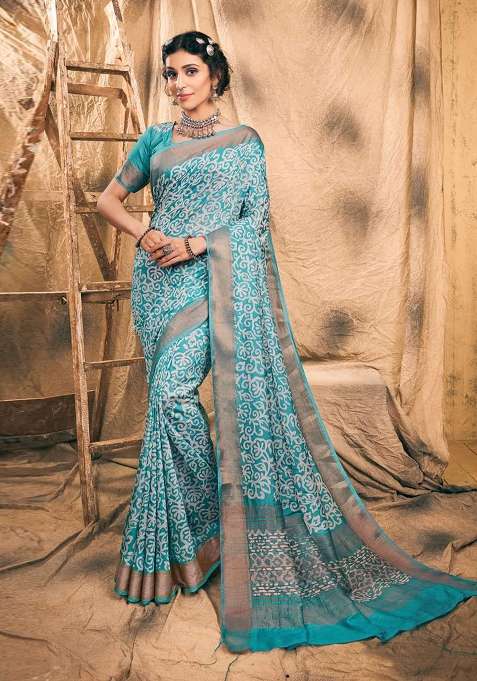 Rama Blue Chanderi Saree Set with Printed for Diwali | Wedding & Festive Wear