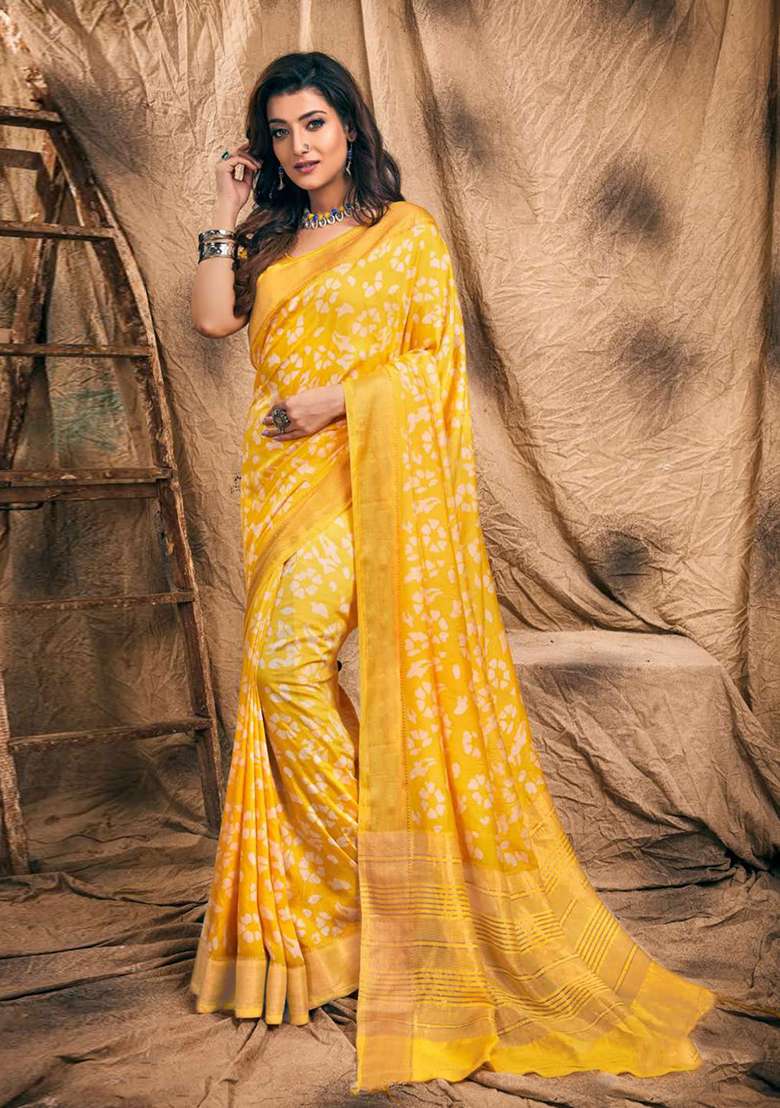 Yellow Chanderi Saree Set with Printed for Diwali | Wedding & Festive Wear - Indya