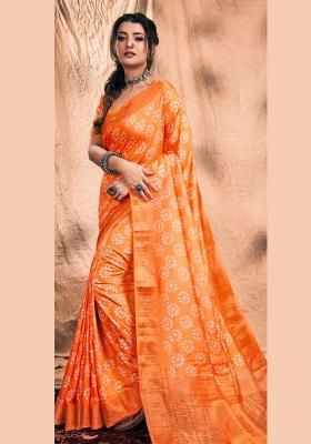 Orange Printed Chanderi Saree Set