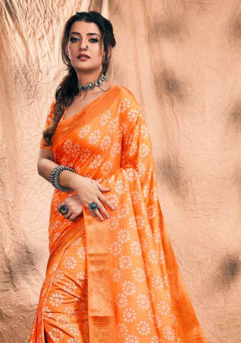 Orange Printed Chanderi Saree Set - Indya
