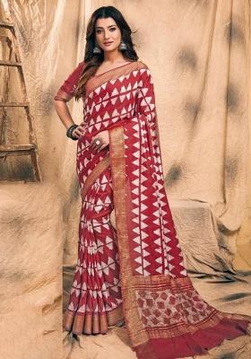 Maroon Printed Chanderi Saree Set