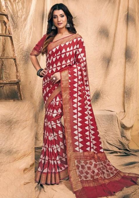 Maroon Printed Chanderi Saree Set — view on Indya