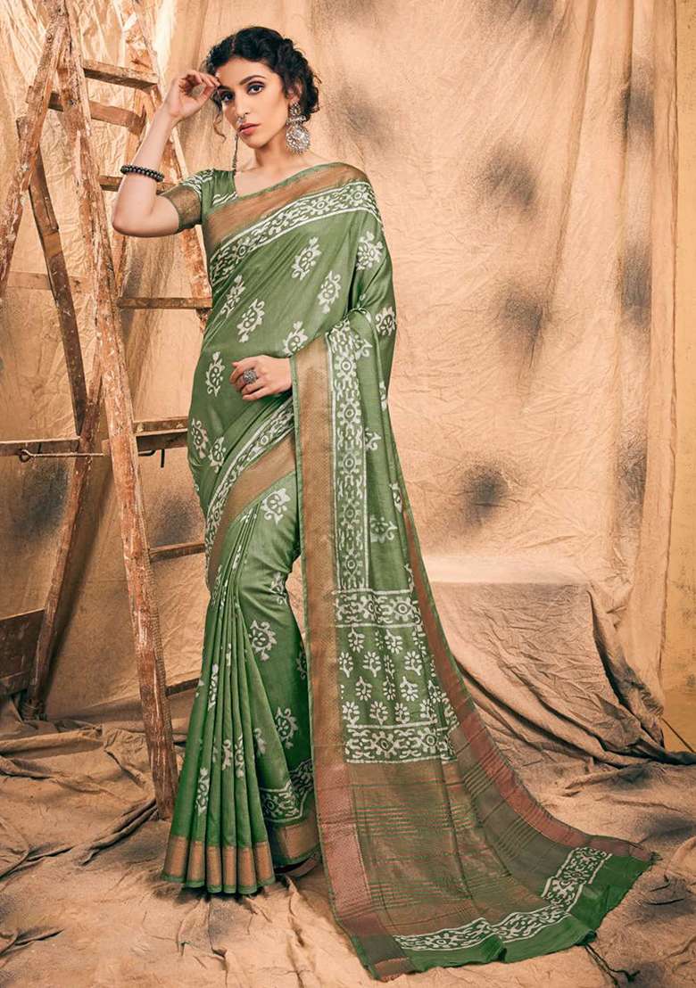 Green Printed Chanderi Saree Set for Diwali and Festive Wear - Indya