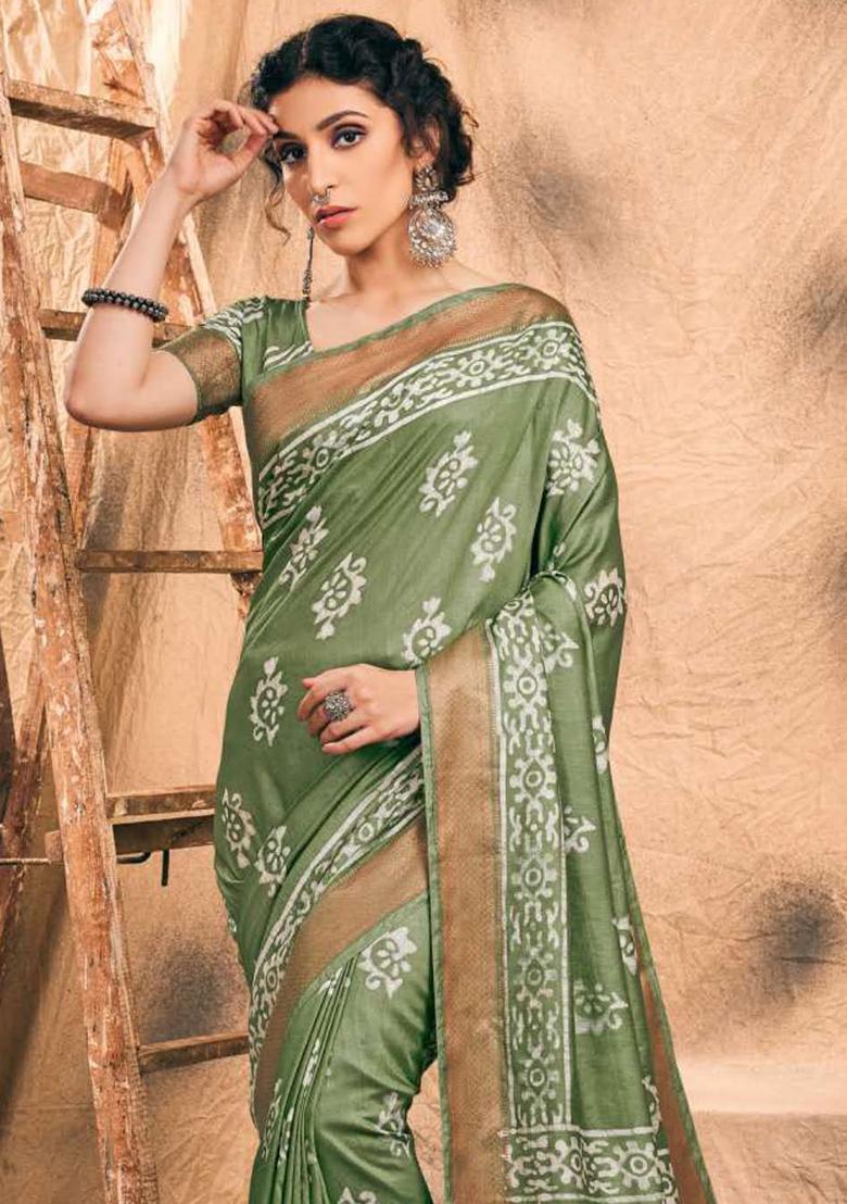 Green Printed Chanderi Saree Set - Indya