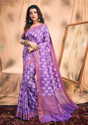 Lavender Printed Chanderi Saree Set