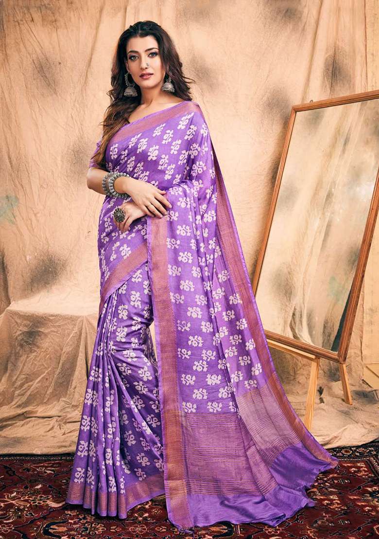 Lavender Chanderi Saree Set with Printed for Diwali | Wedding & Festive Wear - Indya