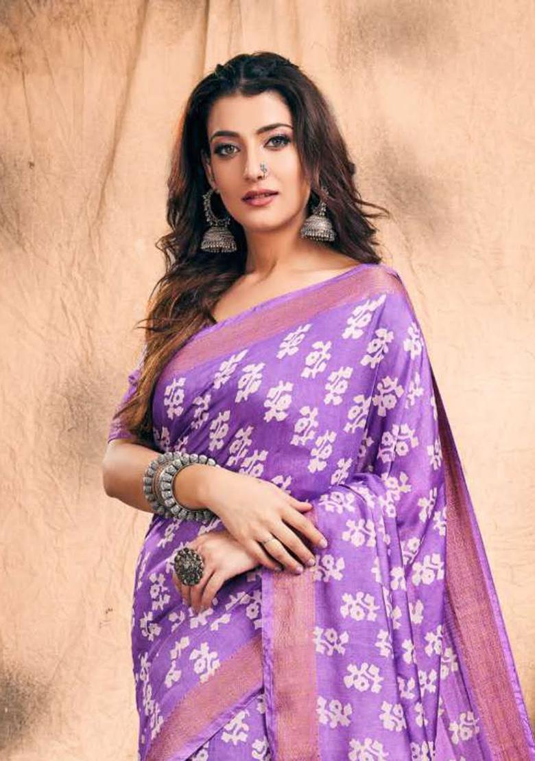 Lavender Printed Chanderi Saree Set - Indya