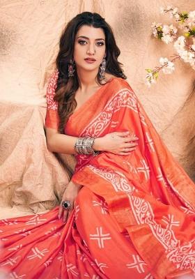 Coral Orange Printed Chanderi Saree Set