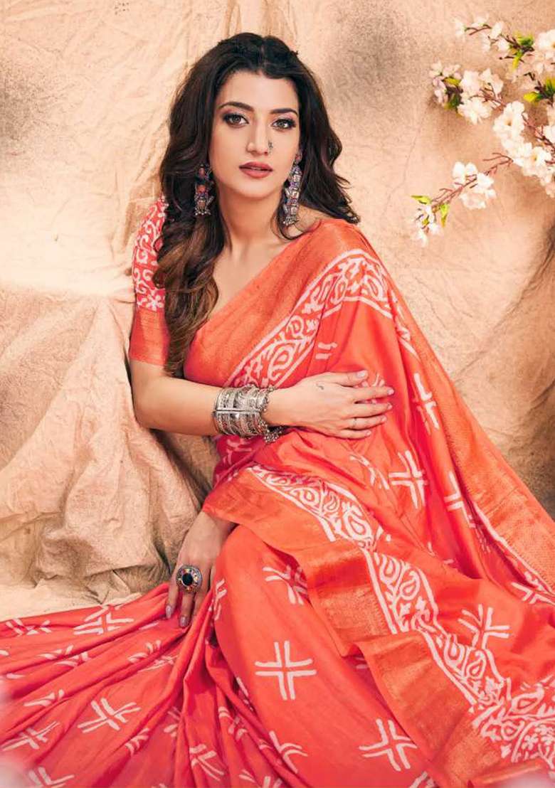 Coral Orange Chanderi Saree Set with Printed for Diwali | Wedding & Festive Wear - Indya