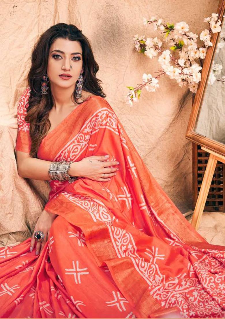 Coral Orange Printed Chanderi Saree Set - Indya