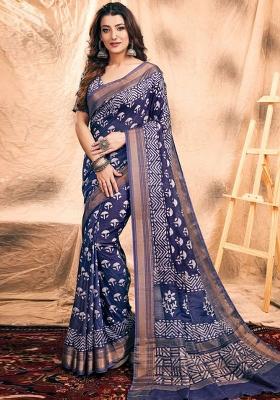 Indigo Blue Printed Chanderi Saree Set