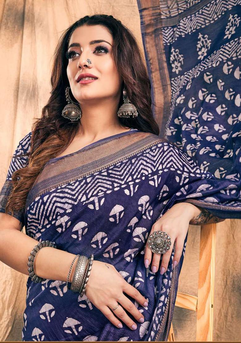 Indigo Blue Printed Chanderi Saree Set - Indya