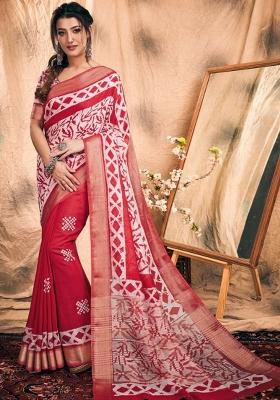 Red Printed Chanderi Saree Set