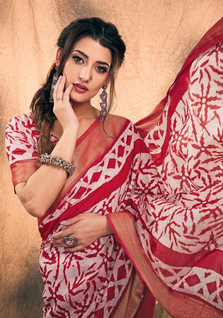 Red Printed Chanderi Saree Set - Indya