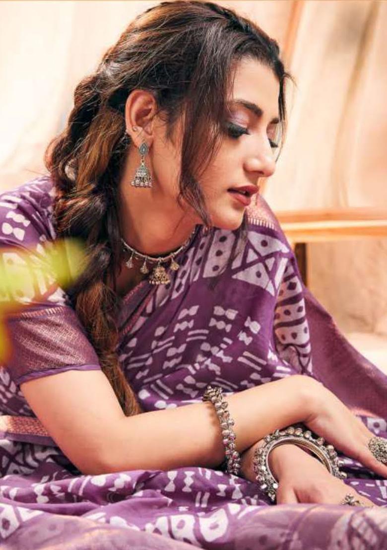 Dusty Purple Printed Chanderi Saree Set - Indya