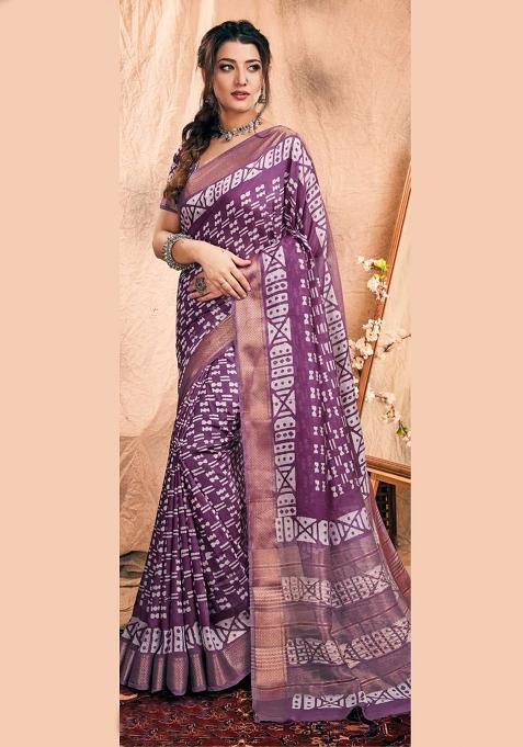 Dusty Purple Printed Chanderi Saree Set