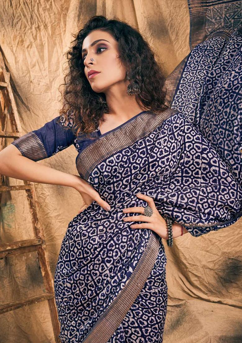Indigo Blue Printed Chanderi Saree Set - Indya