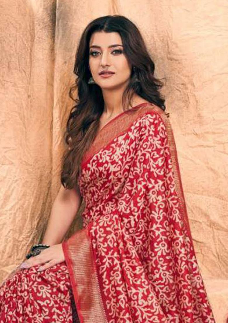 Red Printed Chanderi Saree Set - Indya