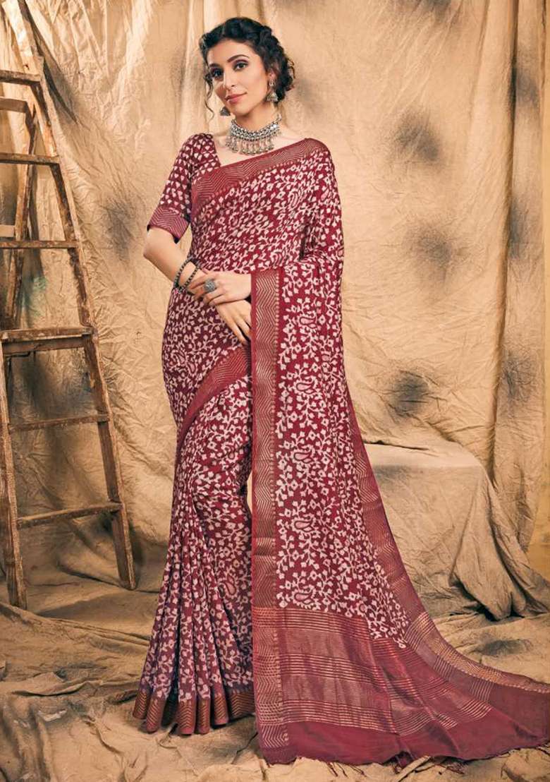 Wine Red Printed Chanderi Saree Set for Diwali and Festive Wear - Indya