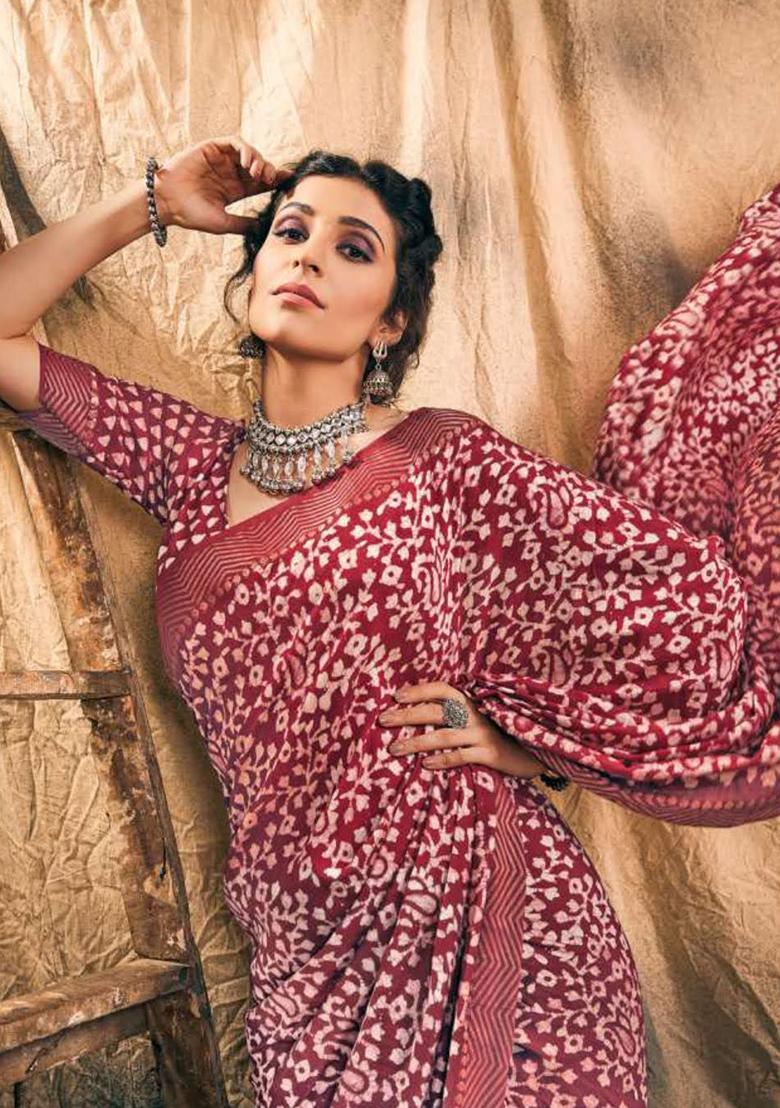 Wine Red Printed Chanderi Saree Set - Indya