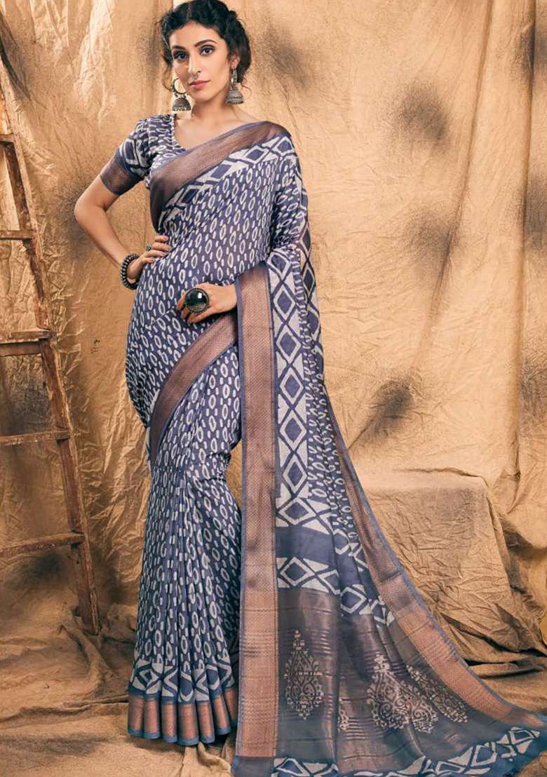 Grey Chanderi Saree Set with Printed for Diwali | Wedding & Festive Wear - Indya