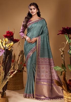 Teal Green Printed Tussar Saree Set