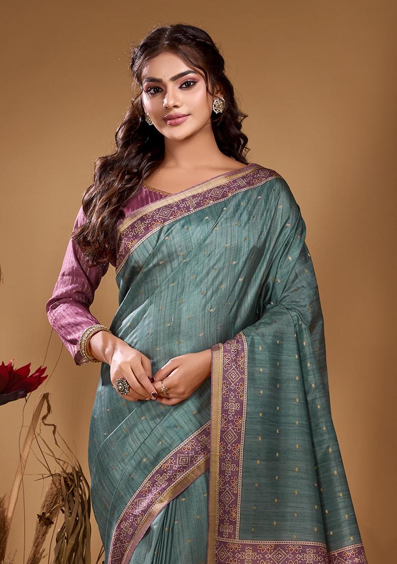 Teal Green Printed Tussar Saree Set - Indya