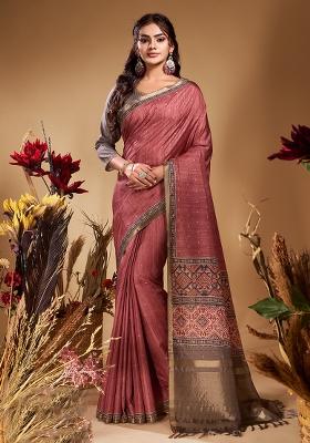 Dusty Rose Printed Tussar Saree Set