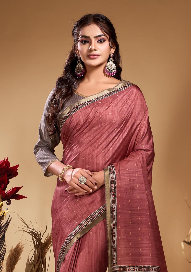 Dusty Rose Printed Tussar Saree Set - Indya