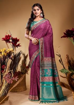 Wine Purple Printed Tussar Saree Set