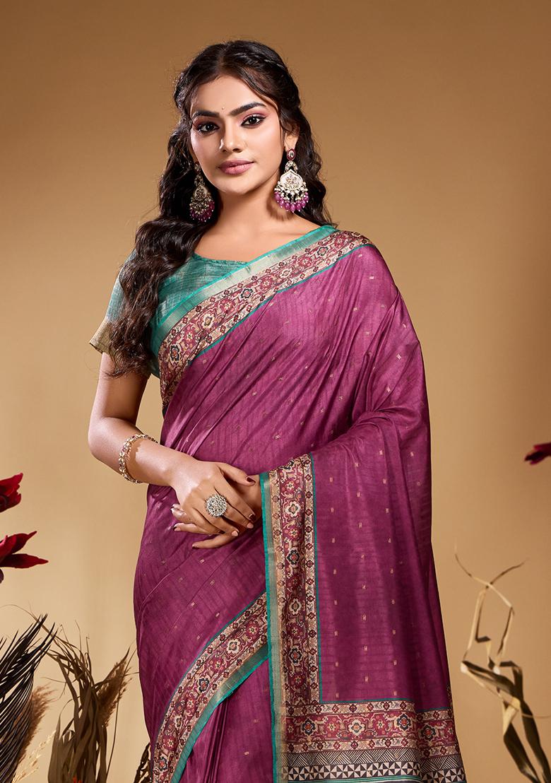 Wine Purple Printed Tussar Saree Set - Indya