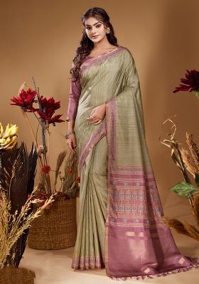 Sage Green Printed Tussar Saree Set