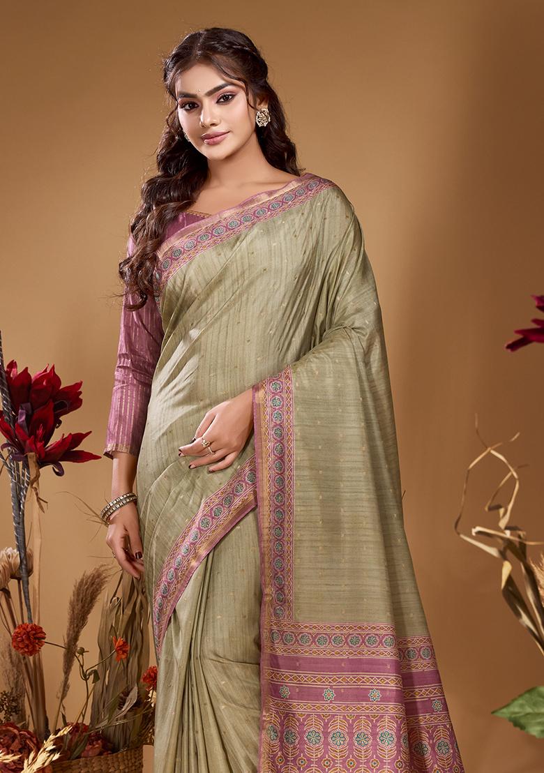 Sage Green Printed Tussar Saree Set - Indya