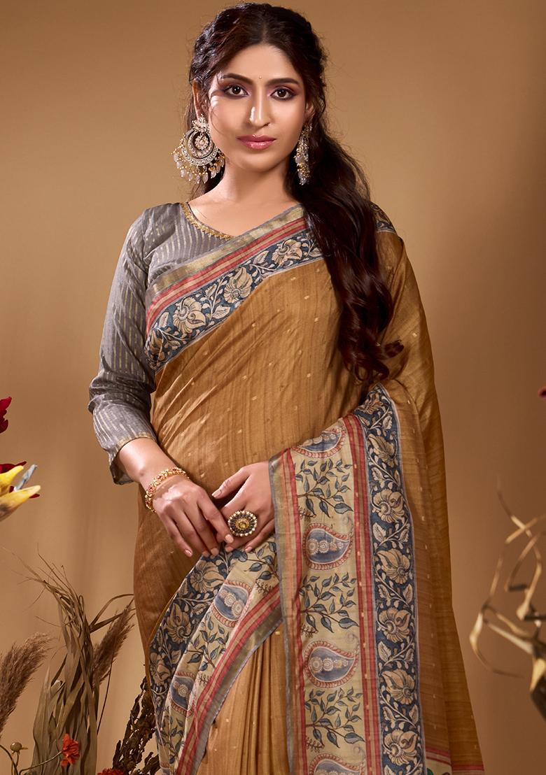 Brown Printed Tussar Saree Set - Indya