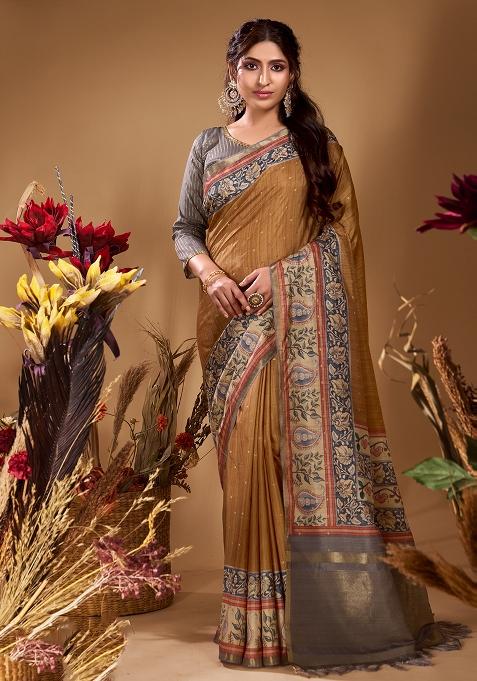 Brown Printed Tussar Saree Set — view on Indya