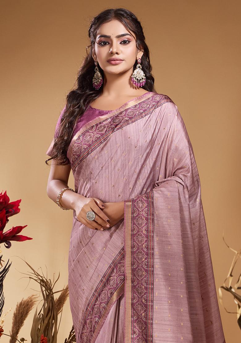 Light Lavender Printed Tussar Saree Set - Indya