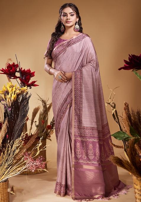 Light Lavender Printed Tussar Saree Set