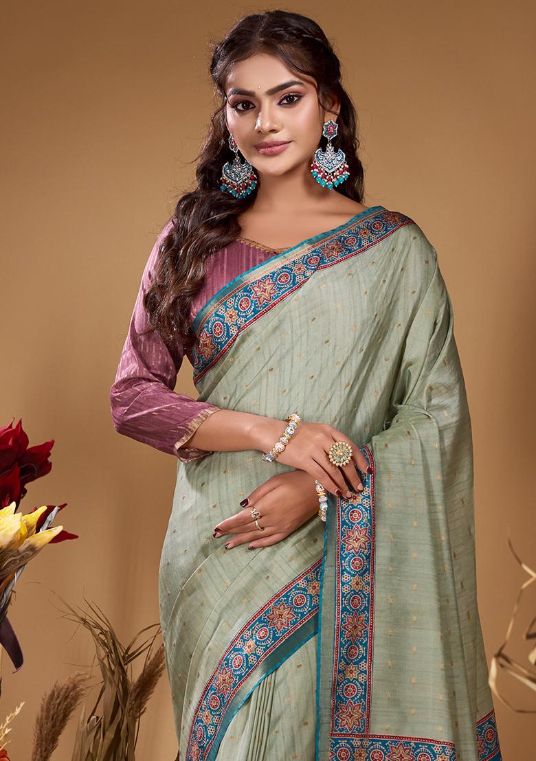 Light Green Printed Tussar Saree Set - Indya