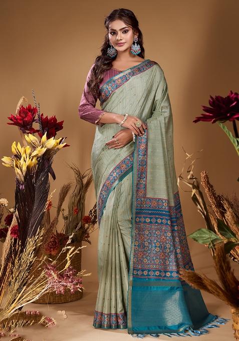 Light Green Printed Tussar Saree Set — view on Indya