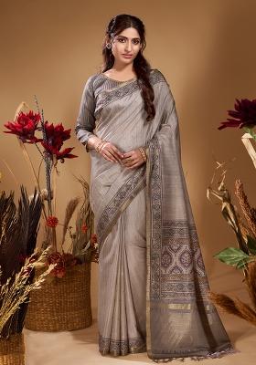 Silver Grey Printed Tussar Saree Set