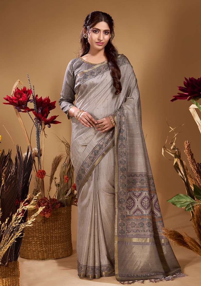 Silver Grey Printed Tussar Saree Set for Diwali and Festive Wear - Indya